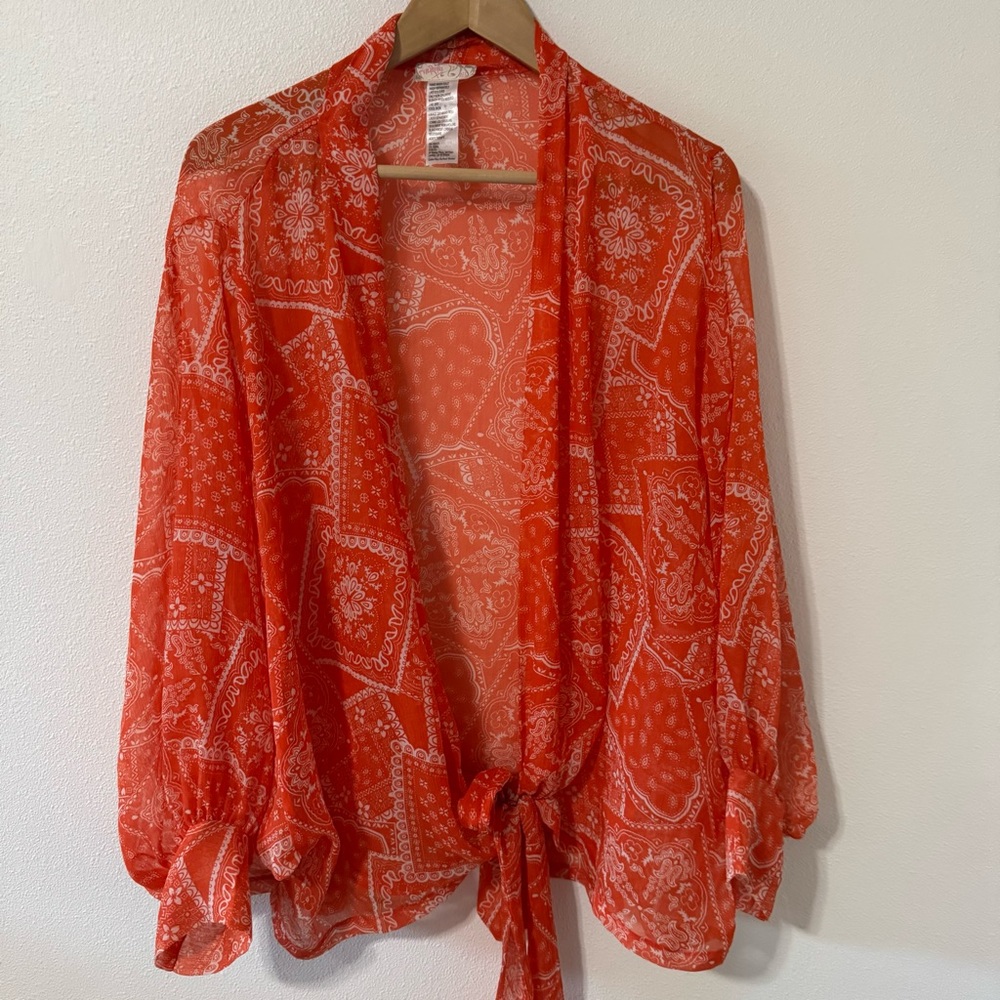 Free People Golden Hour Tie Front Kimono Orange Bandanna Print Sheer Dolman-OS - Picture 2 of 8
